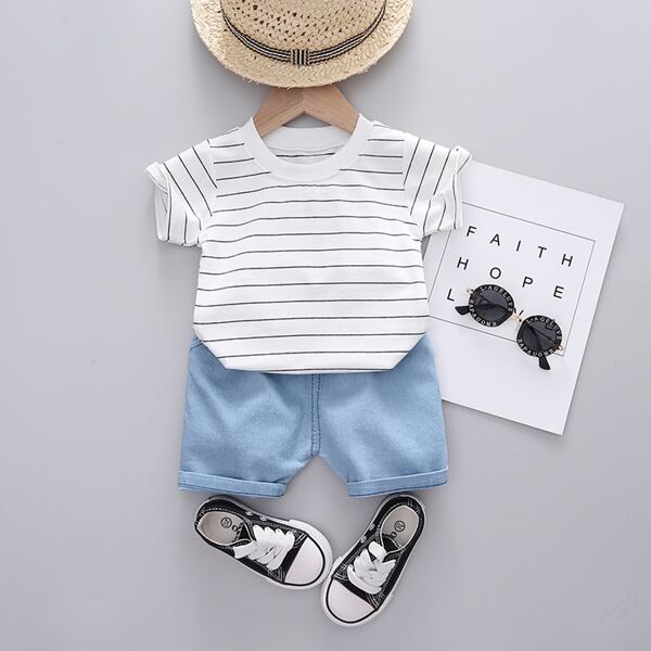 

Toddler Boys Striped Tee With Shorts, Blue and white