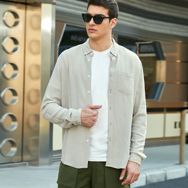 

Men Patch Pocket Button Placket Solid Shirt, Light grey