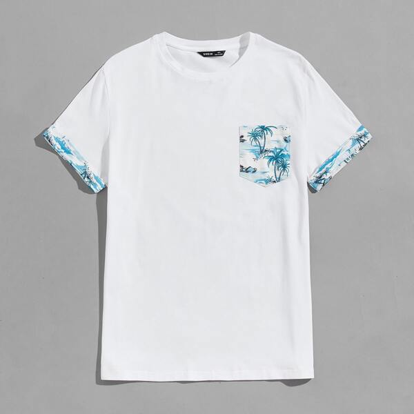

Men Coconut Tree Print Panel Cuffed Sleeve Patch Pocket Tee, White