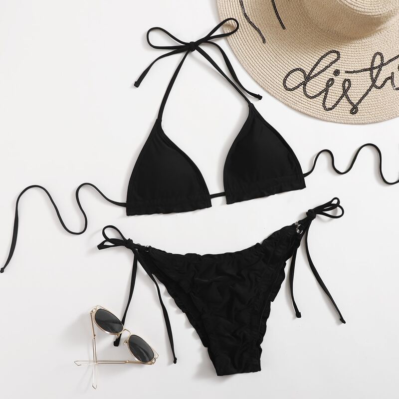 

Frill Trim Tie Side Bikini Swimsuit, Black
