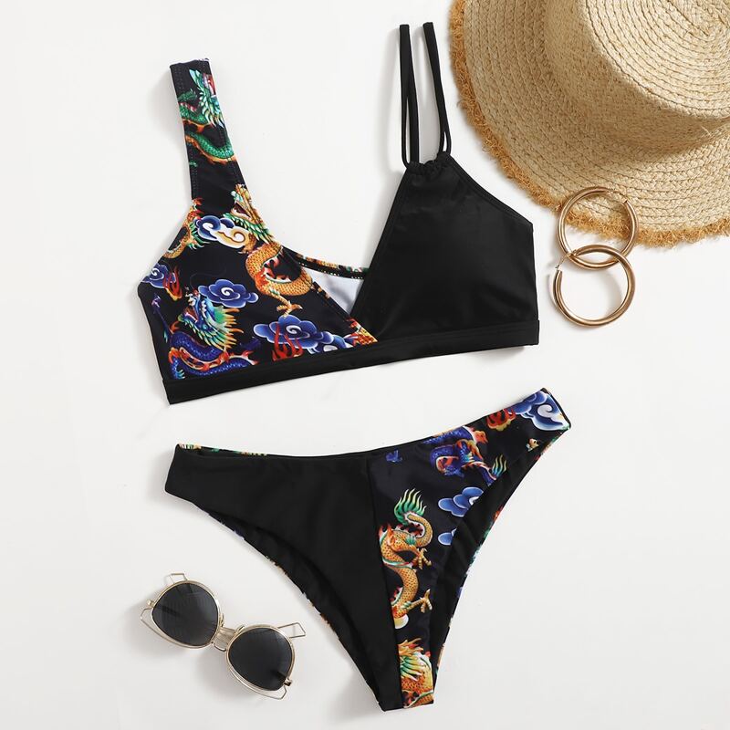 

Dragon Print Asymmetric Neck Bikini Swimsuit, Multicolor