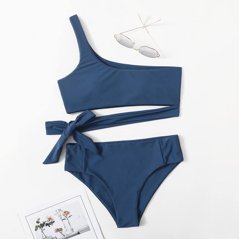 

Knot Decor One Shoulder Bikini Swimsuit, Blue