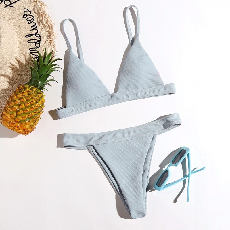 

Plain Triangle Thong Bikini Swimsuit, Blue