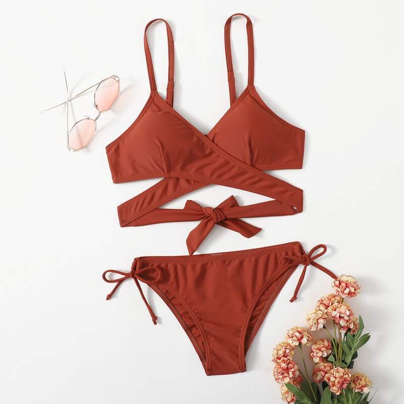 

Solid Wrap Bikini Swimsuit, Orange