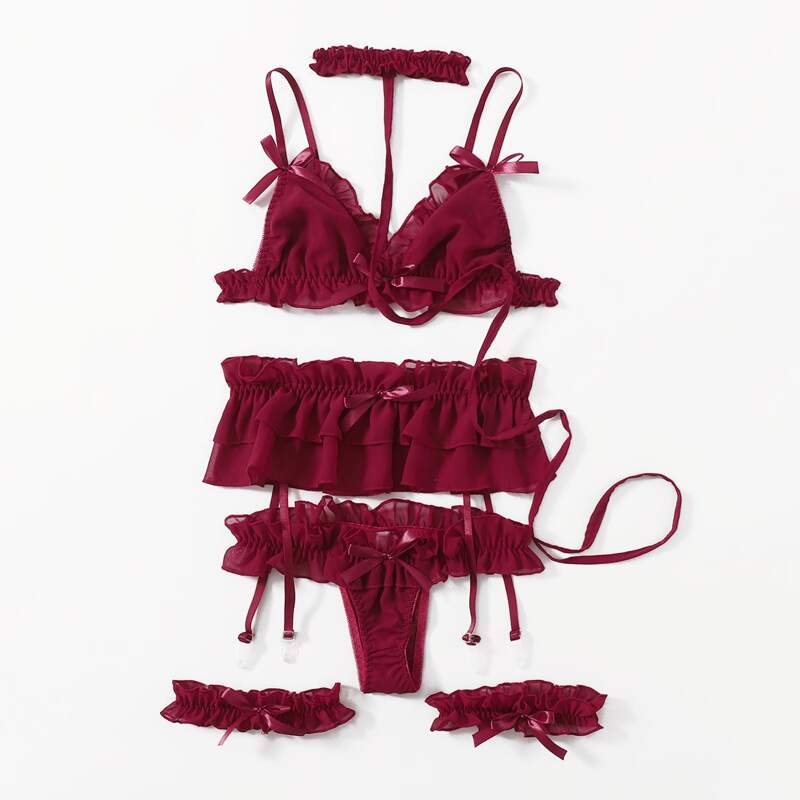 

6pack Ruffle Trim Thong Lingerie Set, Burgundy