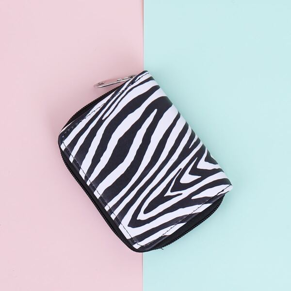 

Zebra Striped Zip Around Small Purse, Black and white
