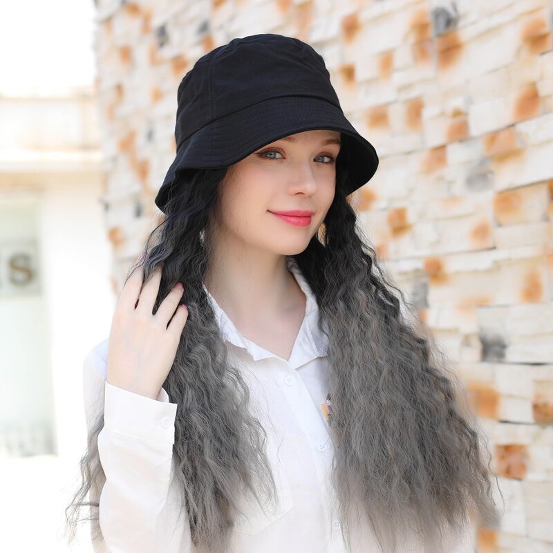 Ombre Long Curly Wig With Bucket Hat