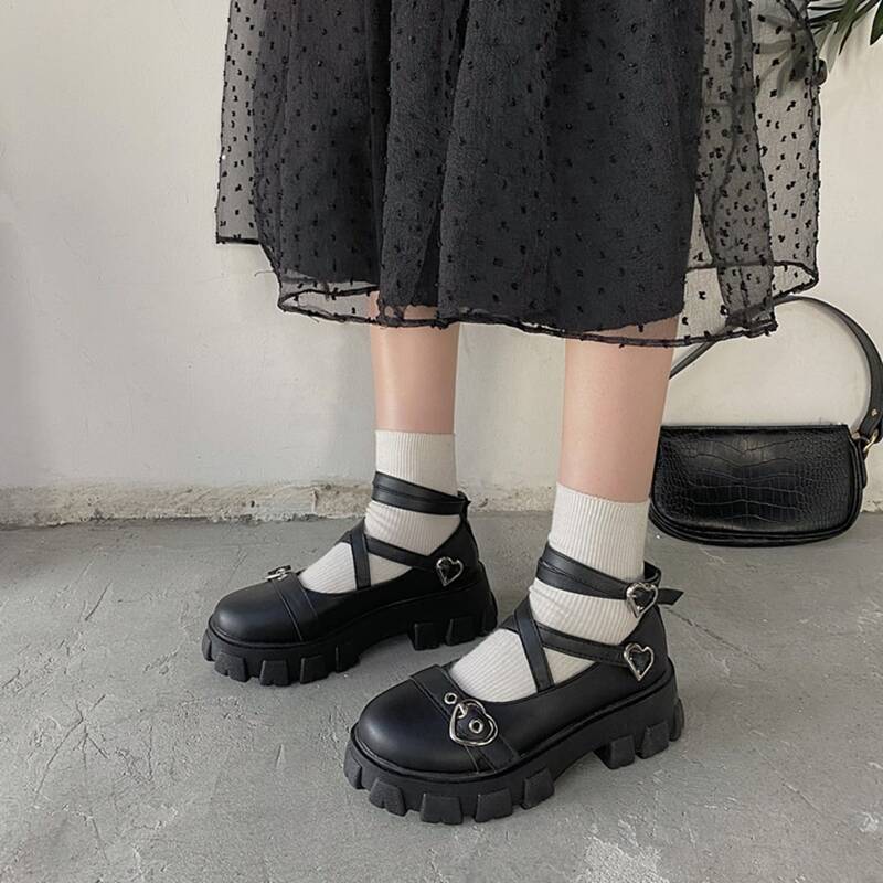

Heart Buckle Mary Jane Wedges, Black