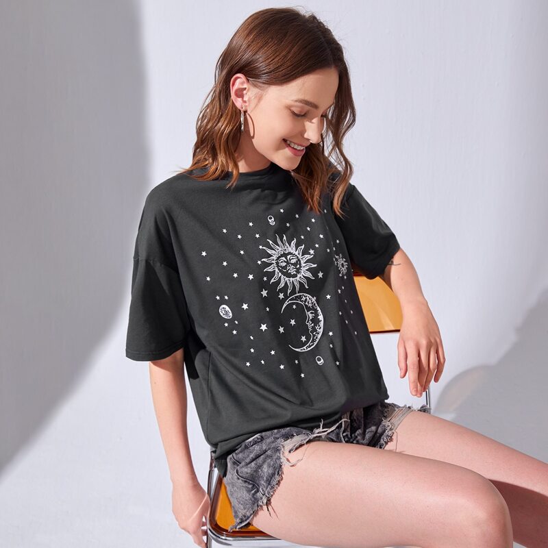 

Sun & Moon Graphic Drop Shoulder Tee, Dark grey