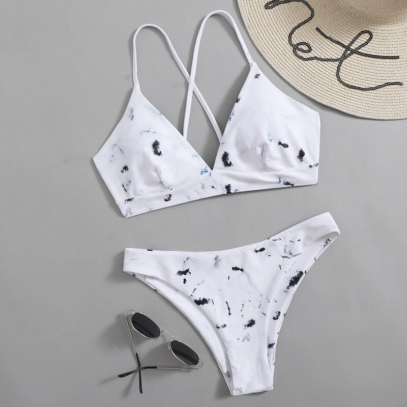 

Marble Pattern Crisscross Bikini Swimsuit, White