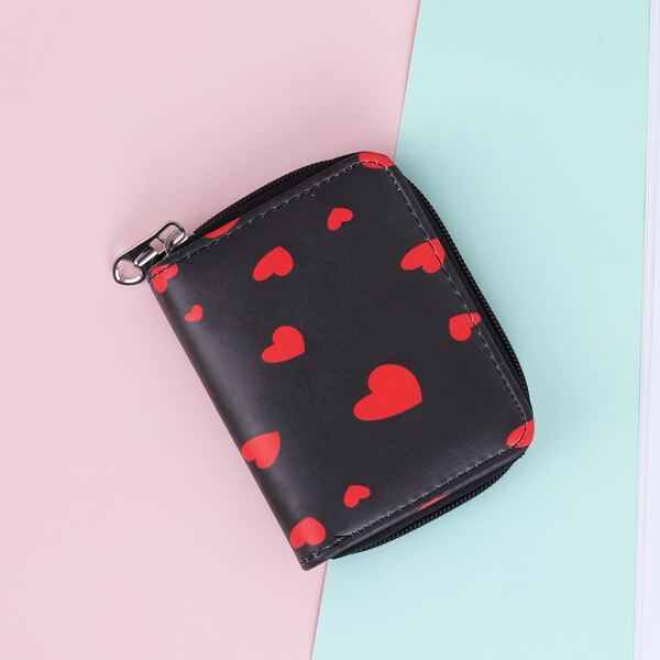 

Heart Graphic Zip Around Small Purse, Black