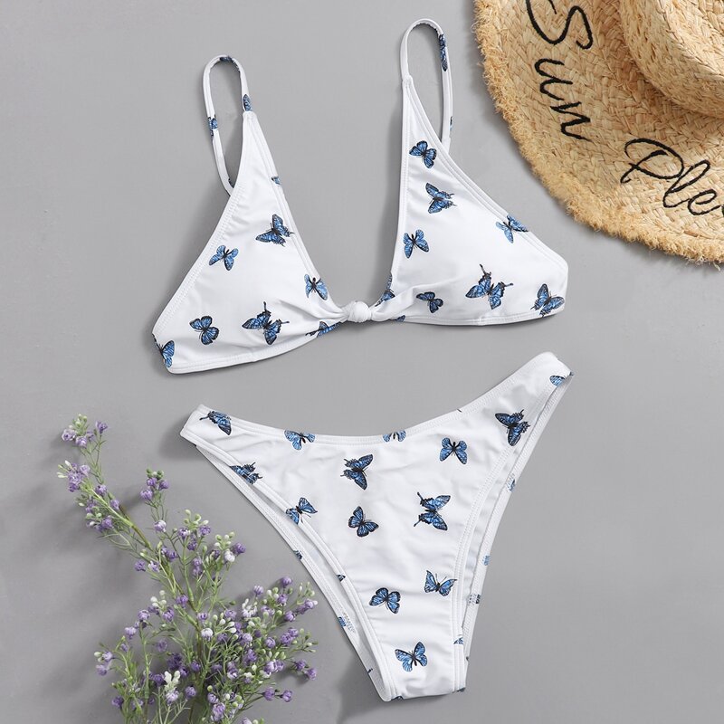 

Allover Butterfly Print Bikini Swimsuit, White