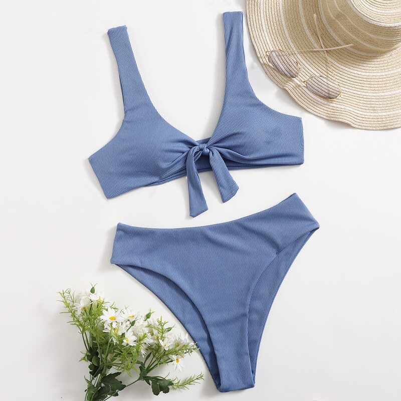 

Knot Front High Waist Bikini Swimsuit, Blue