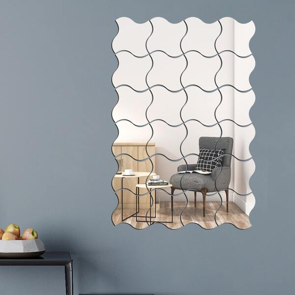 

24pcs Wave Design Mirror Surface Wall Sticker, Silver