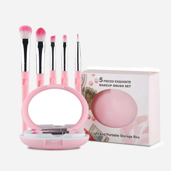 

5pcs Exquisite Makeup Brush Set & 1pc Mirror Box, Pink