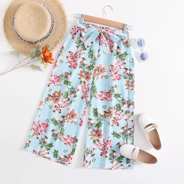 

Girls Floral & Striped Print Belted Palazzo Pants, Multicolor