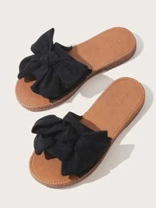 Bow Design Slide Sandals - Black - View 1