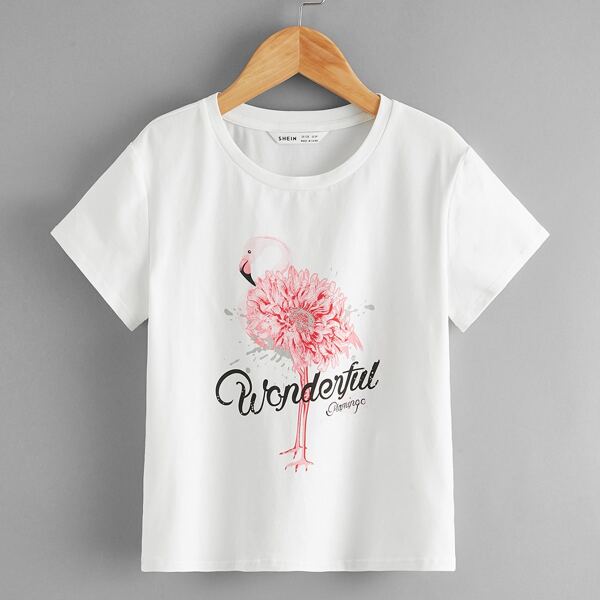 

Girls Flamingo & Letter Print Tee, White