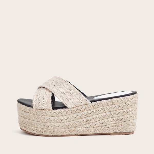 Straw Flatform Mules, Beige