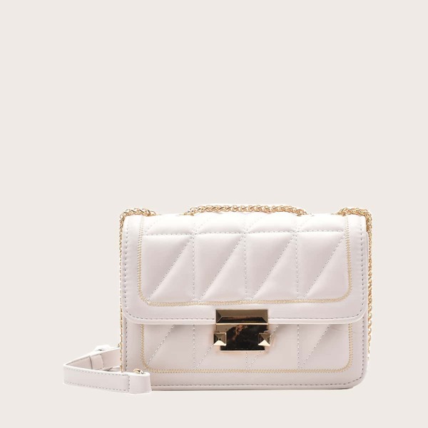 

Metal Lock Quilted Shoulder Bag, White