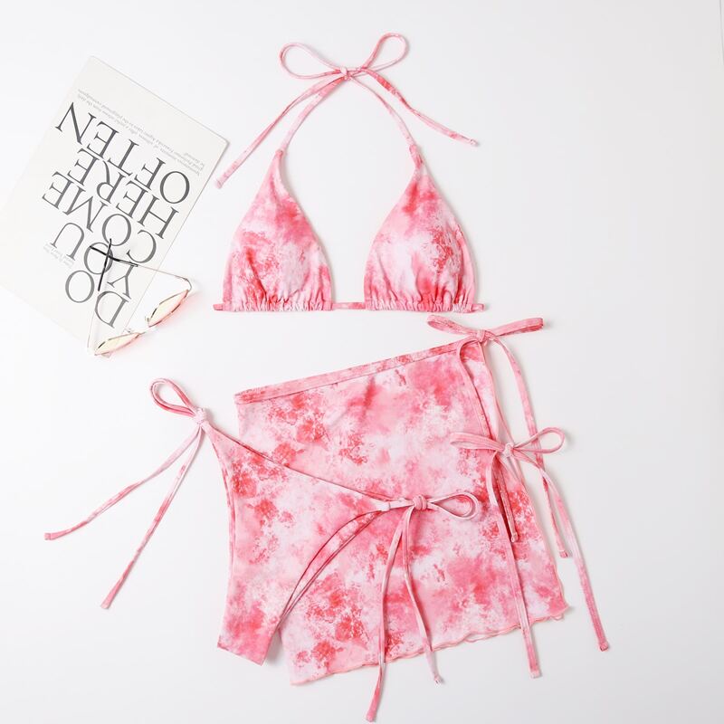

3pack Tie Dye Tie Side Bikini Swimsuit With Skirt, Pink