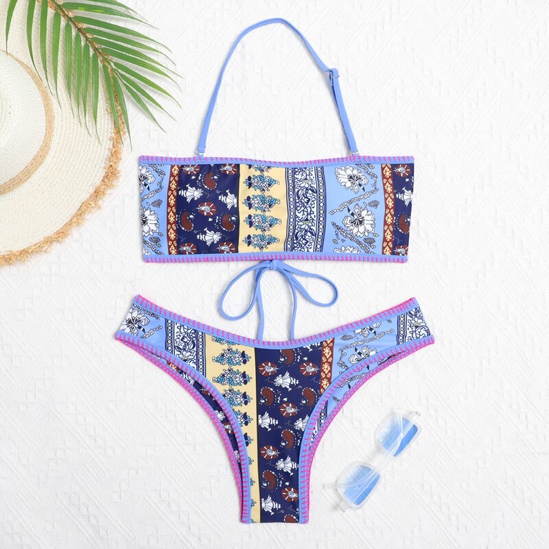 

Floral Patchwork Contrast Binding Bikini Swimsuit, Multicolor