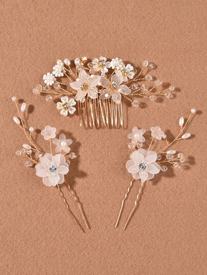 3pcs Faux Pearl & Flower Decor Hairpin Elegant Hair Accessories Bridal Headwear Valentine's Day Accessories,Wedding Hair Accessories