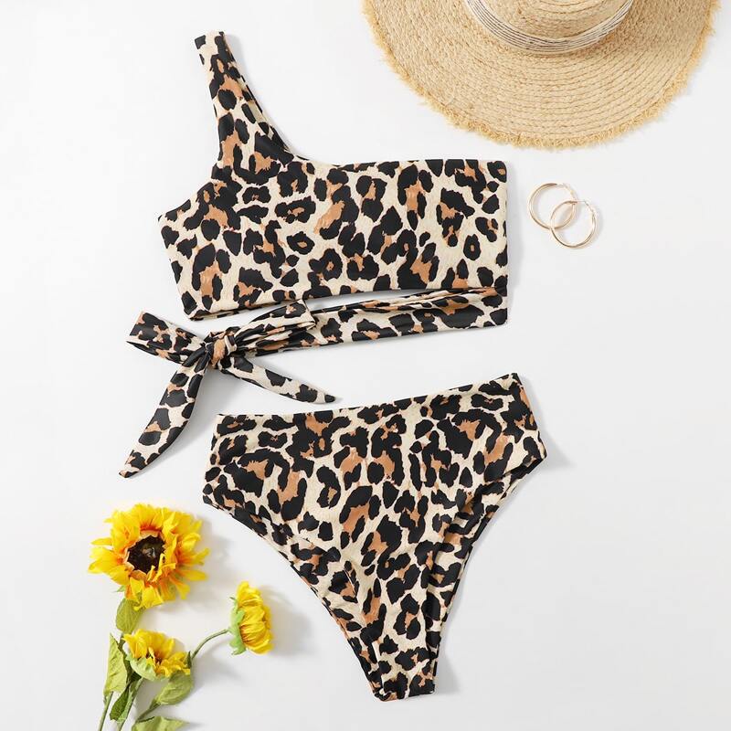 

Leopard One Shoulder Cut Out Bow Bikini Swimsuit, Multicolor