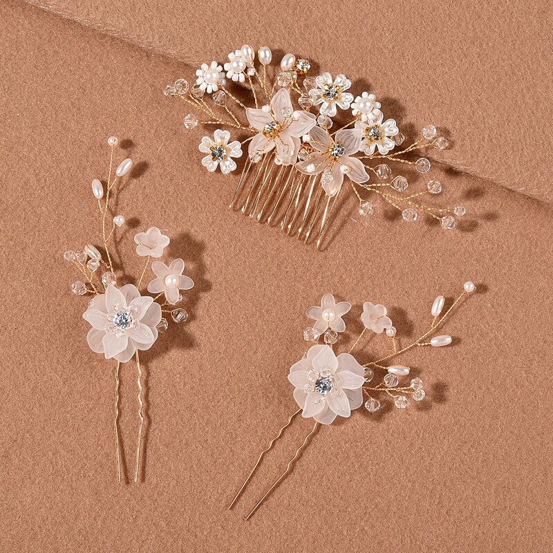 

3pcs Faux Pearl & Flower Decor Hairpin, Gold