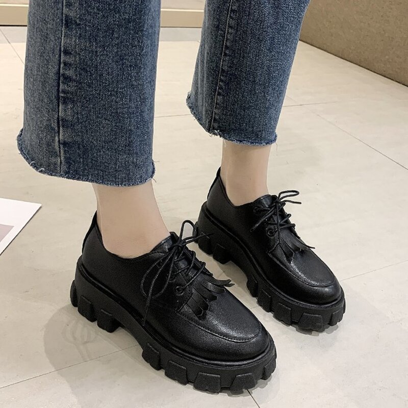 

Tassel Lace-up Platform Oxfords, Black