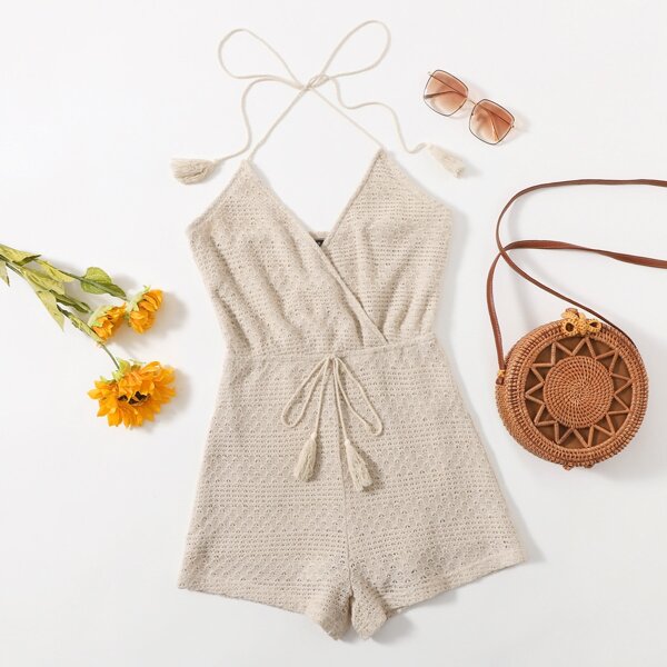 

Fringe Knot Back Solid Romper, Beige