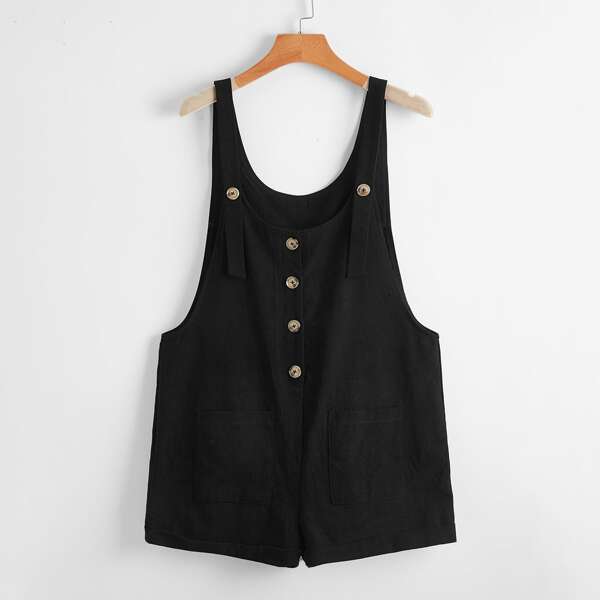 

Button Front Overall Romper Without Bandeau, Black
