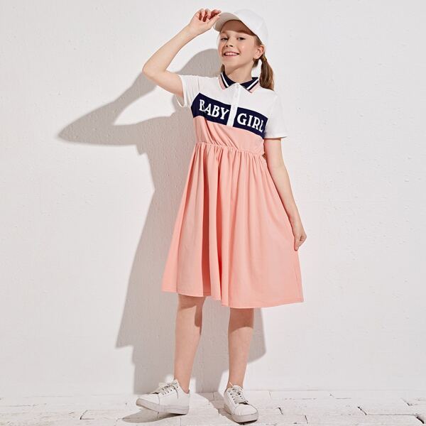 

Girls Contrast Collar Letter Graphic Colorblock Polo Dress, Coral pink