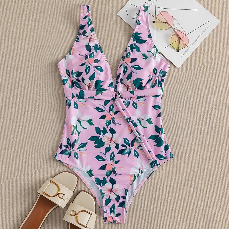 

Floral Random Print One Piece Swimsuit, Pink