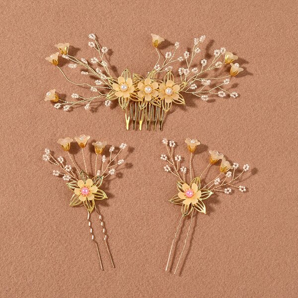 

3pcs Faux Pearl & Flower Decor Hairpin, Gold