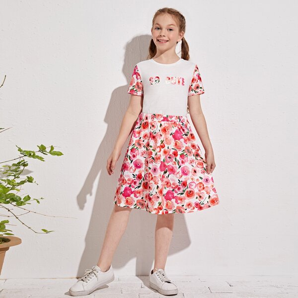 

Girls Letter Graphic Tee & Floral Skirt Set, Multicolor
