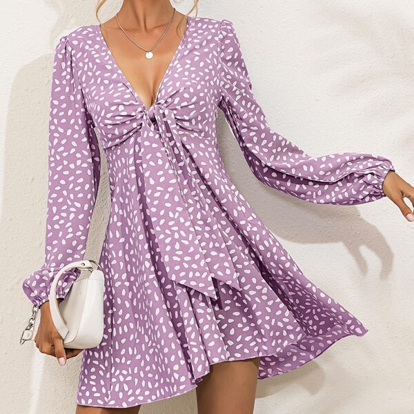 

Lantern Sleeve Tie Front All Over Print Dress, Lilac purple