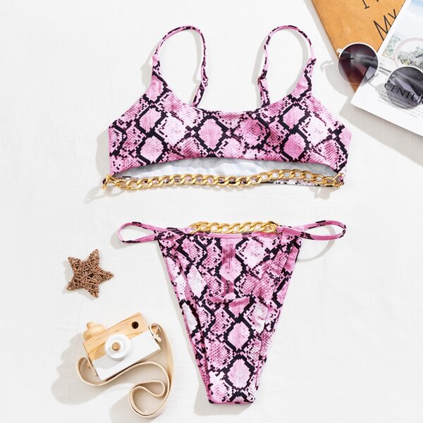 

Snakeskin Chain Detail Bikini Swimsuit, Hot pink