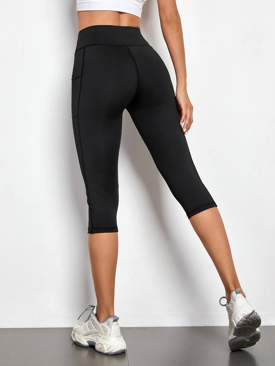 Marled Mid-Calf Length Yoga Leggings Mesh Insert Wide Waistband Sports Leggings With Phone Pocket