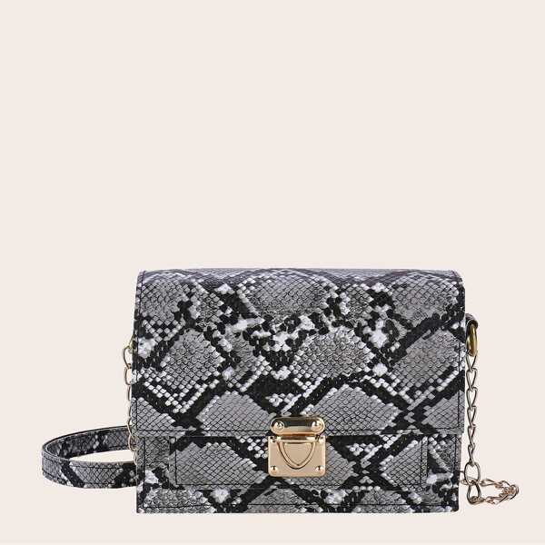

Push Lock Snakeskin Crossbody Bag, Black