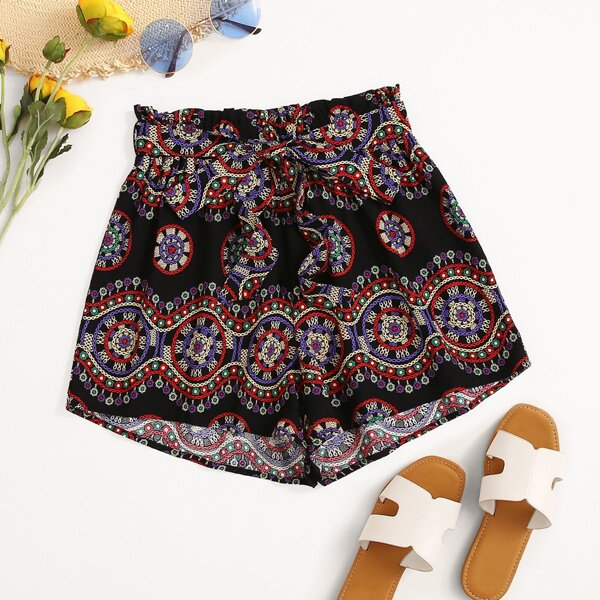 

Chain Print Belted Wide Leg Shorts, Black