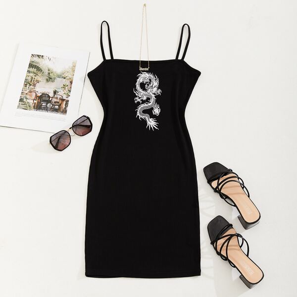 

Chinese Dragon Print Dress, Black