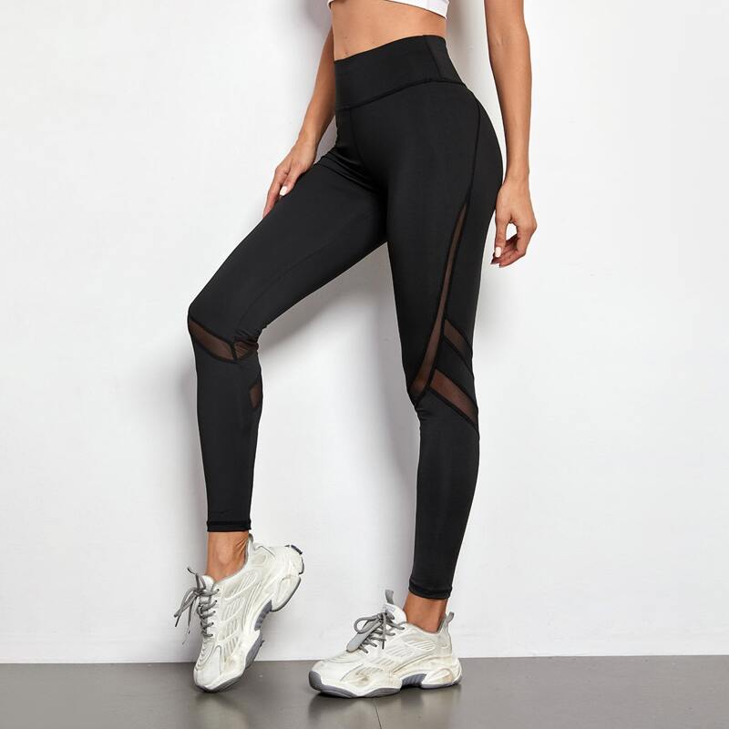 

Mesh Insert Wideband Waist Sports Leggings, Black