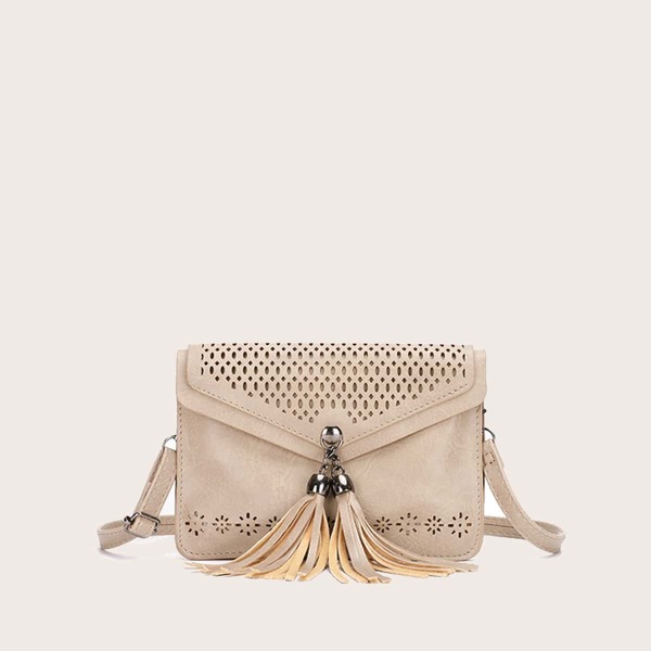 

Tassel Charm Laser Cut-out Crossbody Bag, Beige