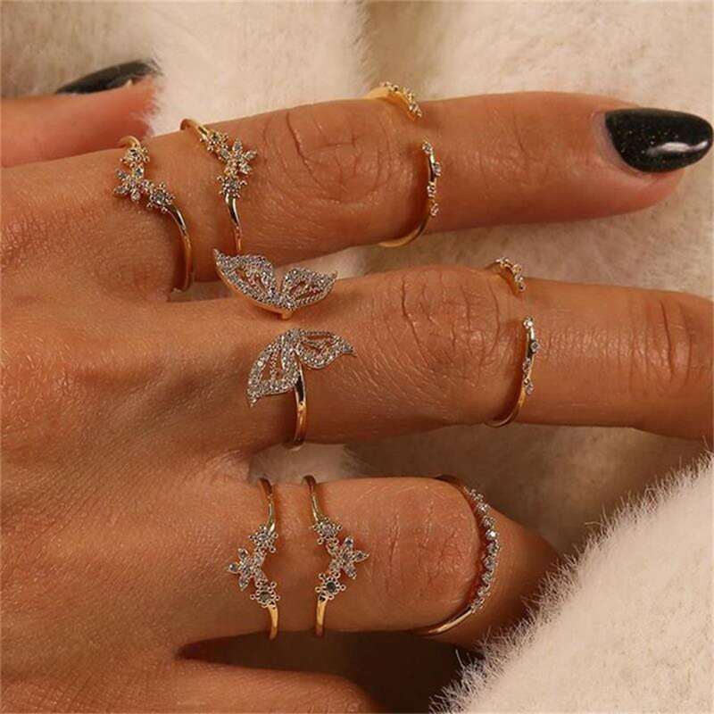 

8pcs Rhinestone Butterfly Ring, Gold