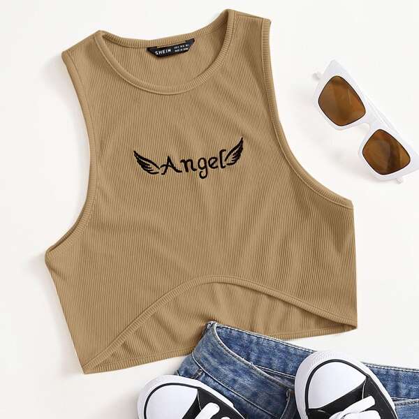 

Letter Embroidery Rib-knit Tank Top, Khaki