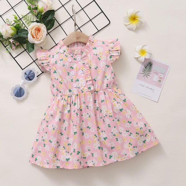 

Baby Girl All Over Floral Print Half Button A-line Dress, Baby pink