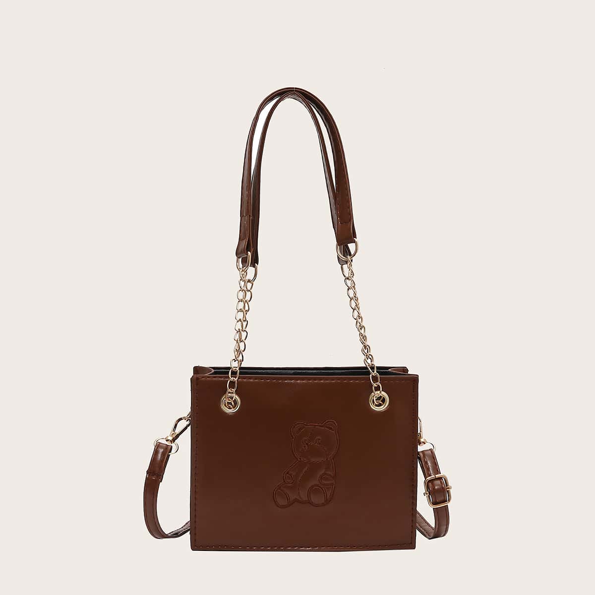 

Bear Embroidery Satchel Bag, Brown
