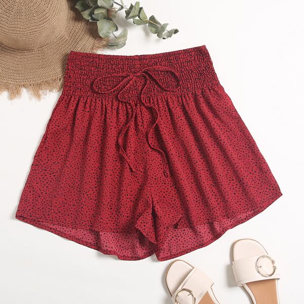 

Plus Allover Print Shirred Waist Shorts, Rose red