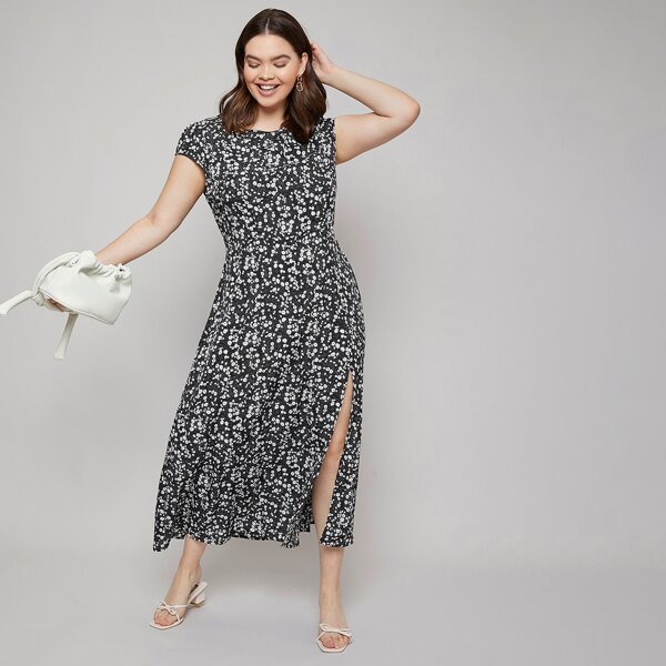 

Plus Ditsy Floral Split Thigh Dress, Black and white